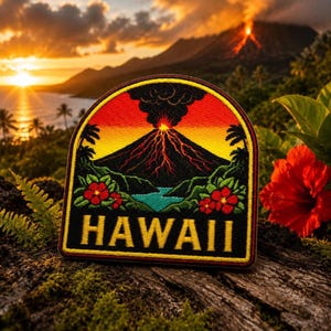 Może przedstawiać: Naszywka przedstawiająca erupcję wulkanu na tle zachodu słońca. Naszywka ma czarną obwódkę i napis "HAWAII" w kolorze żółtym. Projekt zawiera czerwone kwiaty i palmy.