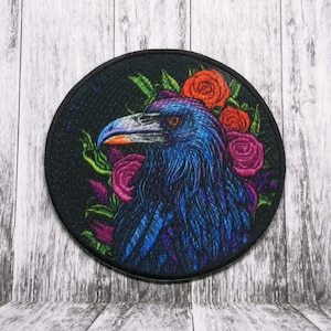 Rabe Patch Aufnäher für Jacke, Kleidung, Rucksack, Tragetasche, Weste, schwarzer Vogel, Tier Abzeichen, Rosen, Blumen, Gothic, wilde Natur