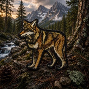 May include: An embroidered patch shaped like a standing wolf, featuring shades of brown, tan, and white thread with a black border. The design depicts the animal in profile, showcasing detailed fur texture and a pointed ear, finished with a dark edge.