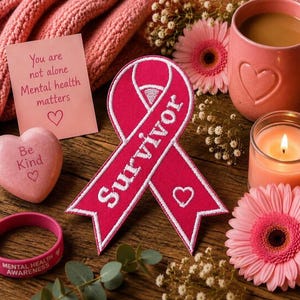 Pink Ribbon Patch/Iron-On Patch/Breast Cancer Awareness Support Survivor/Fundraising Gift/Embroidered Sew-On Applique for Clothing Vest Hat
