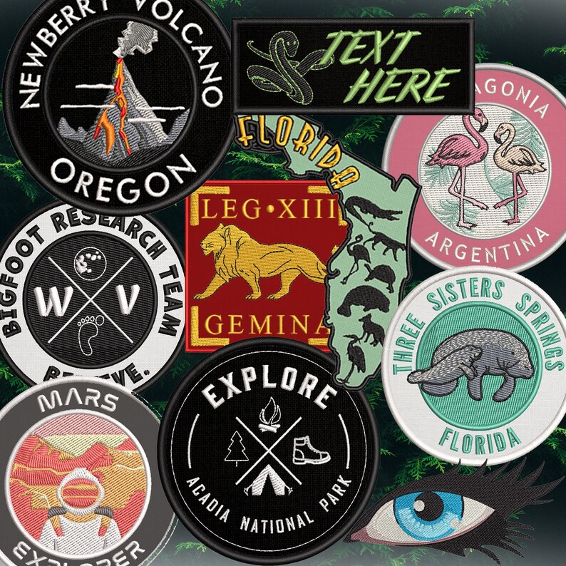 May include: A collection of embroidered patches with various designs. Includes a volcano, a Bigfoot research team logo, a map of Florida, a lion, flamingos, and the text "TEXT HERE". The patches are in various colors and shapes.