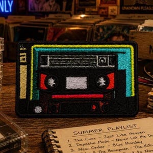 May include: Embroidered patch featuring a retro cassette tape design with teal, yellow, and red accents. The patch is rectangular and sits on a wooden surface, with a notepad listing songs from a summer playlist.