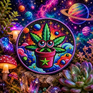 May include: Embroidered patch featuring a cartoon cannabis plant in a pink pot with googly eyes, set against a vibrant cosmic background with planets, stars, and colorful nebulas. The patch is round with a black border.