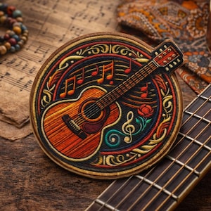 Aplique de violão acústico/Aplique termocolante/Emblema de música folk/Estilo hippie/Para amantes de música retrô/Aplique para costurar em roupas, coletes, jaquetas, mochilas e equipamentos.
