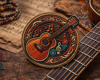 Acoustic Guitar Patch/Iron-on Patch/folk music emblem/hippie style/retro music lover/Sew-On Applique for Clothing Vest/Jacket Backpack Gear