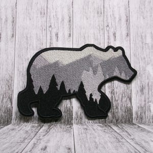 Bear Patch Iron-on Applique for Jacket, Clothing, Backpack, Tote Bag, Vest, mountain scene, forest hiker badge, rugged trail, wildlife gift