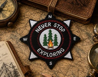 Never Stop Exploring Patch/Iron-On Patch/Camping & Hiking/Compass Badge/Embroidered Sew-on Applique for Clothing Vest/Jacket Backpack Hats