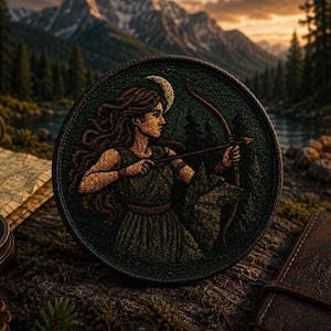 Puede incluir: Parche bordado redondo que representa a una mujer con arco y flecha, sobre un fondo de bosque. El parche tiene un borde verde oscuro y representa a la mujer con cabello castaño largo y una luna creciente. El diseño evoca aventura y naturaleza.
