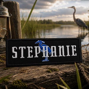 Personalized YOUR TEXT Name Tag Blue Heron Embroidered Patch Iron-on/Sew-on Applique - Everglades Wildlife Nature Badge for Vest Clothing