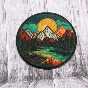 Outdoor Nature Patch Iron-on/Sew-on Applique for Clothing Vest Backpack, Mountain Badge, River, Sunset, Seek Adventure, Explore More