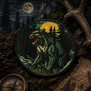 May include: A circular embroidered patch featuring a snarling wolf in a dark forest setting. The design includes a prominent yellow moon, deep green and black thread work depicting trees, and a wolf with bared teeth, all enclosed within a black border.