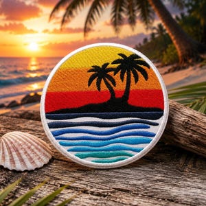 May include: Round embroidered patch featuring a tropical sunset scene with palm trees, a beach, and ocean waves. The patch has a white border and is set against a wooden surface with a seashell and palm fronds.