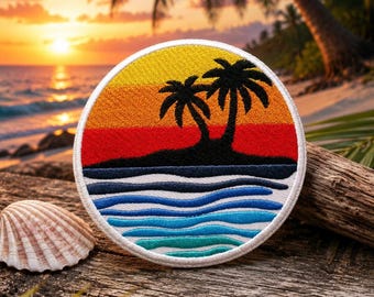 Beach Sunset Patch/Iron-on Patch/Palm Trees/Tropical Vibes/Coconut Girl/Sew-On Applique for Clothing Vest/Jacket Hats Backpack Tote Bag