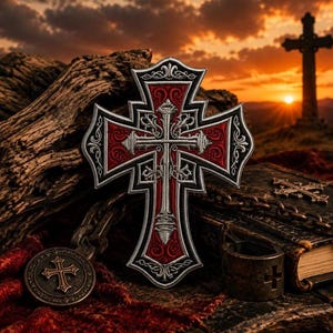 May include: A detailed, embroidered cross patch with red and silver accents, set against a sunset backdrop. The patch features intricate designs and is placed near a small cross pendant and a vintage book. The overall theme is religious.