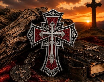 Peut inclure: Un écusson en forme de croix brodée avec des détails rouges et argentés, sur fond de coucher de soleil. L'écusson présente des motifs complexes et est placé près d'un petit pendentif en forme de croix et d'un livre ancien. Thème religieux.