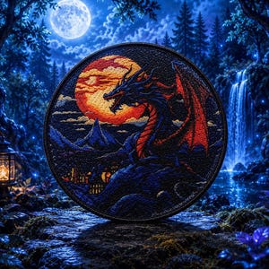 Peut inclure: Un écusson rond représentant un dragon aux ailes rouges et au corps noir, sur fond de pleine lune et de coucher de soleil flamboyant. Le dragon est perché sur une chaîne de montagnes, avec une forêt et une cascade en arrière-plan.