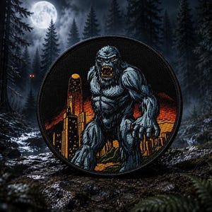 May include: A circular black patch depicting a grey, muscular Bigfoot-like creature with red eyes and sharp teeth. The background shows a cityscape with an orange and yellow sky, and a forest scene with a full moon.