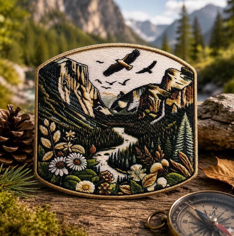 May include: Embroidered patch featuring a mountain landscape with a river, trees, and flying birds. The patch has a cream-colored background with a gold border. The design includes detailed stitching of flowers and foliage.