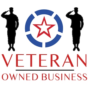 May include: A graphic logo featuring two black silhouettes of soldiers in uniform saluting, positioned on either side of a central blue circular emblem containing a red star. The text VETERAN OWNED BUSINESS is printed in red below the emblem.