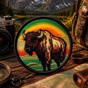 May include: A round embroidered patch featuring a bison against a sunset backdrop of orange, yellow, and green. The bison is brown and tan, with curved horns. The patch is on a wooden surface, with a compass, camera, and map in the background.