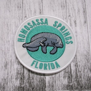 Homosassa Springs Patch Embroidered Iron-on Applique for Jacket, Backpack, Clothing, Tote Bag, Florida manatee, travel, aquatic wildlife