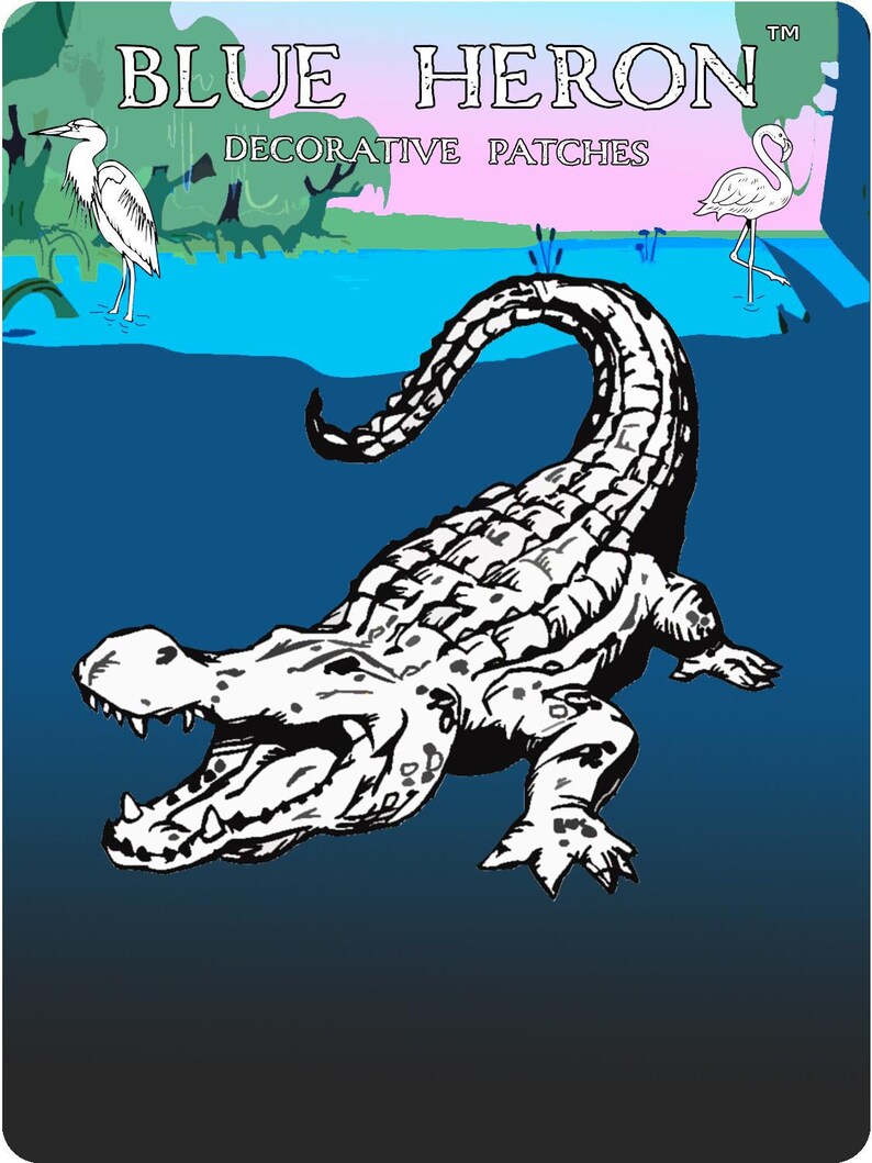 May include: Decorative patch featuring a stylized black and white alligator with an open mouth, set against a blue and teal background. The patch includes the text "BLUE HERON DECORATIVE PATCHES" and illustrations of a heron and a flamingo.
