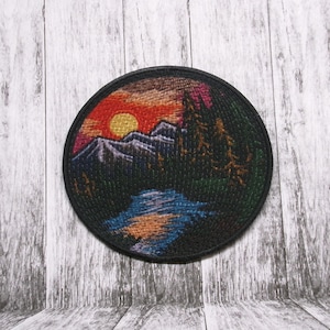 Outdoor Nature Patch Iron-on/Sew-on Applique for Clothing Vest Backpack, Mountain Badge, River, Sunset, Seek Adventure, Explore More
