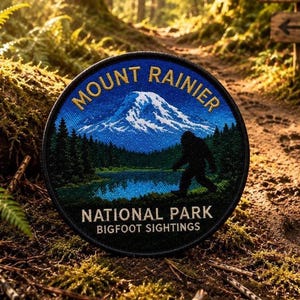 Mount Rainier National Park Patch/Iron-On Patch/Bigfoot Cryptid/Hiking & Camping/Paranormal/Sew-On Applique for Clothing Jacket Hat Backpack