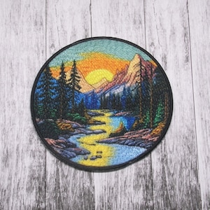 Mountain River Patch Iron-on/Sew-on DIY Applique for Vest Jacket Bag Clothing Backpack, Nature Badge, Seek Adventure, Travel Souvenir, Lakes