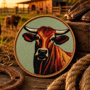 May include: A circular embroidered patch featuring a detailed portrait of a brown and black cow with prominent horns. The cow is set against a light sage green background, and the entire patch is framed by a thick, dark brown stitched border.