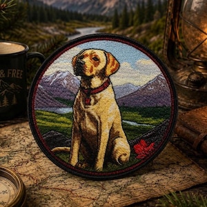 Peut inclure: Un écusson brodé circulaire représentant un Labrador retriever jaune assis dans un paysage avec des montagnes, une vallée verte et un ciel bleu. Le chien porte un collier rouge. L'écusson a une bordure noire avec des détails de couture rouges.