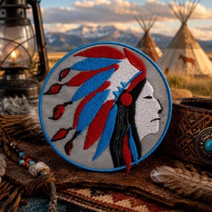 INDIAN CHIEF PATCH Native American Headdress Embroidered Patch biker Emblem Iron-on/Sew-on/Hook Badge Applique vest jacket clothing backpack