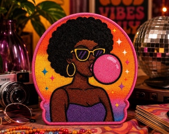 Patch magique fille noire appliqué à repasser/à coudre pour vestes/vêtements/sacs à dos/sacs fourre-tout/gilet/écusson Bubble Poppin' Queen/écusson Afro Pride
