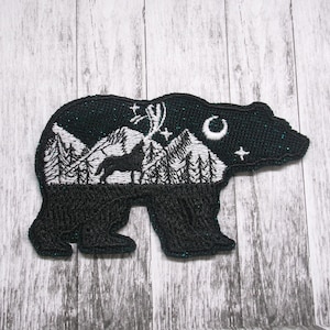Bling Bear Patch Embroidered Iron-On Applique for Jacket, Backpack, Clothing, Tote Bag, Vest, wilderness, forest, hiking gear, night sky