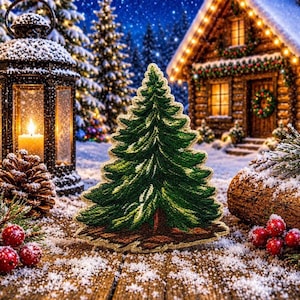 May include: A detailed embroidered Christmas tree patch with green and brown colors, set on a snowy wooden surface. A lit lantern, pine cones, and red berries add to the festive winter scene. A cozy cabin with lights and a wreath is in the background.