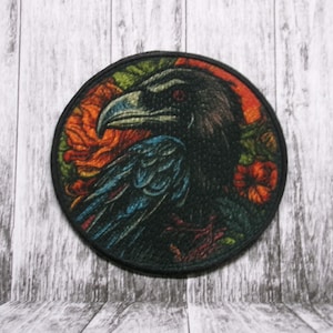 Rabe Patch Aufnäher für Jacke, Kleidung, Rucksack, Tragetasche, Weste, schwarzer Vogel, Tier Abzeichen, Rosen, Blumen, Gothic, wilde Natur