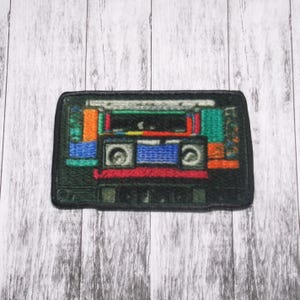 Music Cassette Patch Iron-on Applique for Jacket, Clothing, Backpack, Tote Bag, Vest, vintage playlist badge, DJ accessory, throwback style