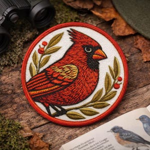 Cardinal Patch/Iron-on Patch/birdwatching patch, nature explorer badge, woodland bird/Sew-On Applique for Clothing, Jacket/Vest, Backpack