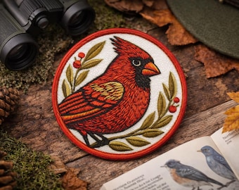 Cardinal Patch/Iron-on Patch/birdwatching patch, nature explorer badge, woodland bird/Sew-On Applique for Clothing, Jacket/Vest, Backpack