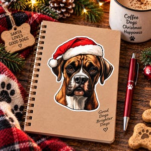 Boxer In A Santa Hat Decal, Holiday Vinyl Stickers Decals, Christmas Decal for Laptop Car Truck Window Bumper Graphics, Canine K9, Festive