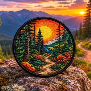 Op de afbeelding: Een ronde geborduurde patch met een gedetailleerd landschap met een kronkelend zandpad door een dicht bos van groene dennenbomen naar een grote gele zon tegen een levendige oranje en paarse zonsondergang in de bergen.