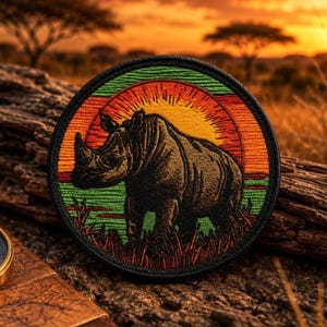 May include: A circular embroidered patch featuring a dark rhinoceros standing in a grassy field. The background depicts a vibrant orange and yellow sun setting over a horizon line. The entire design is framed by a thick black stitched border.