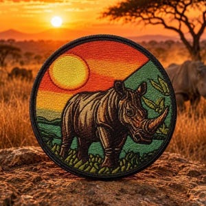 May include: Circular embroidered patch featuring a rhinoceros in a savanna landscape. The design includes a vibrant sunset with orange, yellow, and green hues. The rhino is brown and gray, with a prominent horn. The patch has a black border.