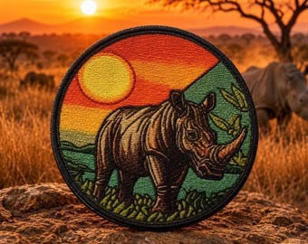 Rhinoceros Patch/Iron-on Patch/Wild Animal Badge/African Wildlife/Africa Souvenir Gift/Sew-On Applique for Clothing Vest/Jacket Hat Backpack