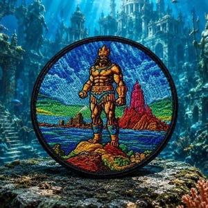 Pode incluir: Um emblema bordado circular apresentando uma figura de pele dourada usando uma coroa e tanga azul em pé sobre uma rocha. O fundo retrata uma paisagem vibrante com água azul, colinas verdes e uma estrutura de torre vermelha proeminente.