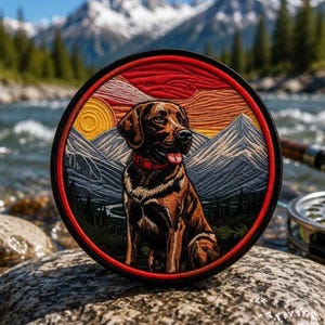 May include: A circular embroidered patch featuring a brown dog with a red collar sitting in the foreground. The background depicts a landscape with blue mountains, a yellow sun, and orange clouds, all rendered in detailed, textured thread work.