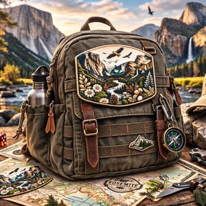 May include: A detailed image of a brown backpack with leather straps, a matching cap, and a compass, all adorned with nature-themed patches. A map, dice, and a knife are also present, suggesting a camping or hiking theme.