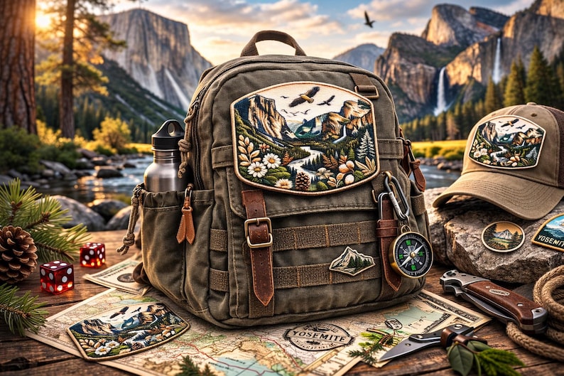 May include: A detailed image of a brown backpack with leather straps, a matching cap, and a compass, all adorned with nature-themed patches. A map, dice, and a knife are also present, suggesting a camping or hiking theme.