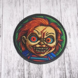 Evil Doll Patch Iron-on Applique for Jacket, Clothing, Backpack, Tote Bag, Vest, red hair, scary toy, cursed face, possessed horror badge