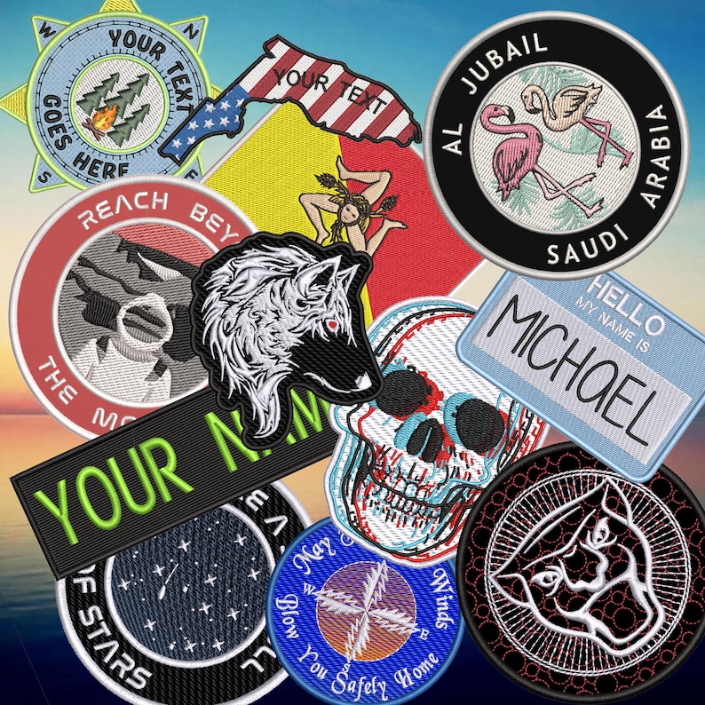 May include: A collection of embroidered patches with various designs and text. Includes a wolf, a skull, a name tag that says "MICHAEL", a compass, a flag, and a patch with flamingos. The patches are in various shapes and colors.